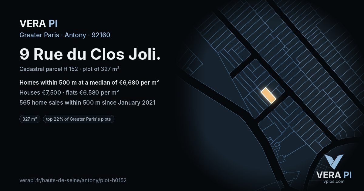9 Rue du Clos Joli, Antony at night – the plot lit, the parcels around coloured by the prices near them