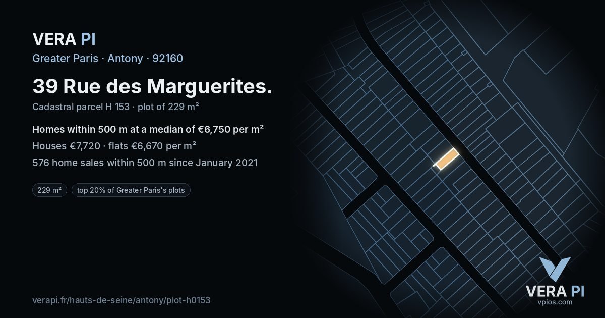 39 Rue des Marguerites, Antony at night – the plot lit, the parcels around coloured by the prices near them