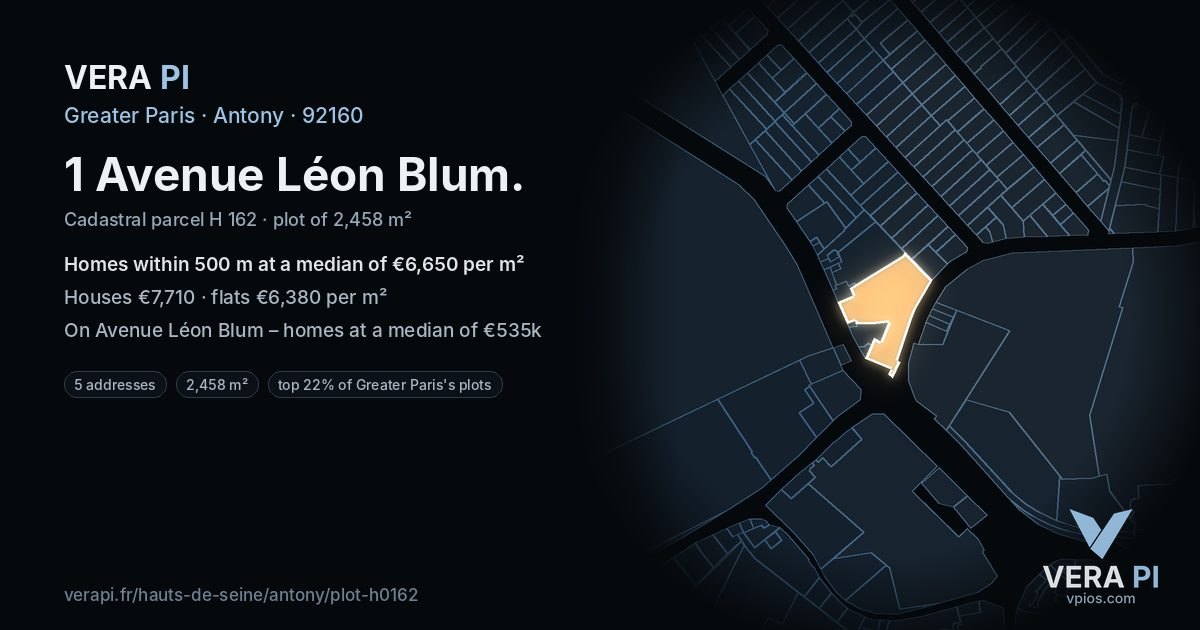 1 Avenue Léon Blum, Antony at night – the plot lit, the parcels around coloured by the prices near them