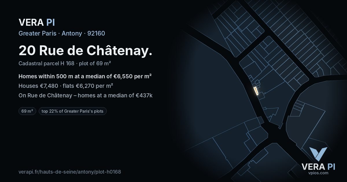 20 Rue de Châtenay, Antony at night – the plot lit, the parcels around coloured by the prices near them