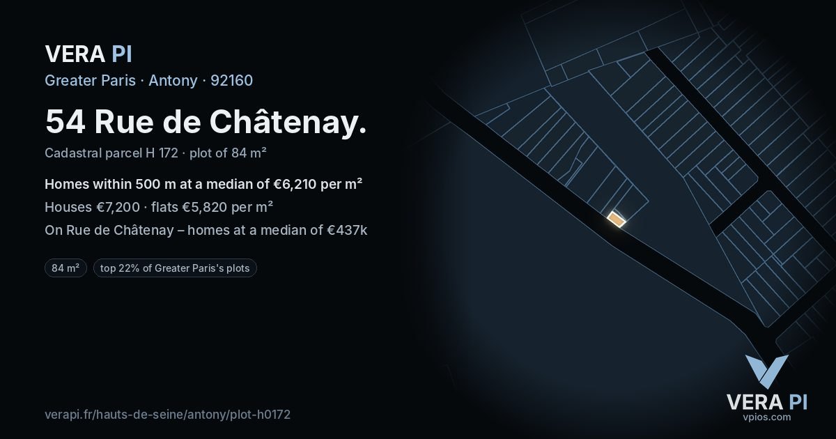 54 Rue de Châtenay, Antony at night – the plot lit, the parcels around coloured by the prices near them