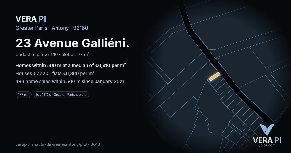 23 Avenue Galliéni, Antony at night – the plot lit, the parcels around coloured by the prices near them