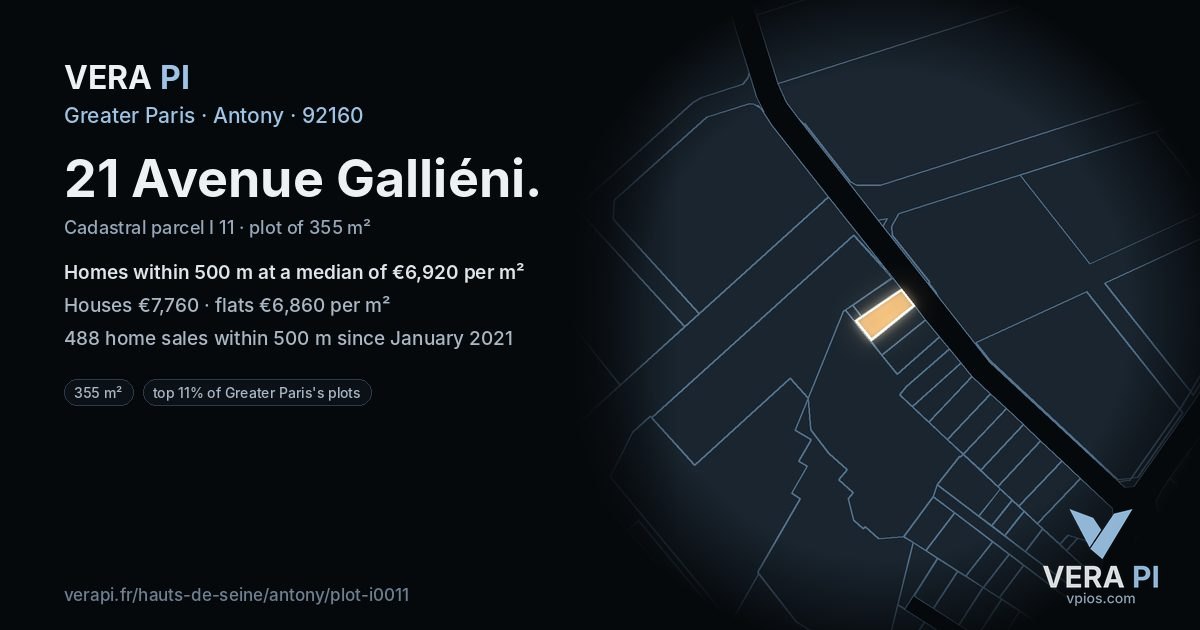 21 Avenue Galliéni, Antony at night – the plot lit, the parcels around coloured by the prices near them
