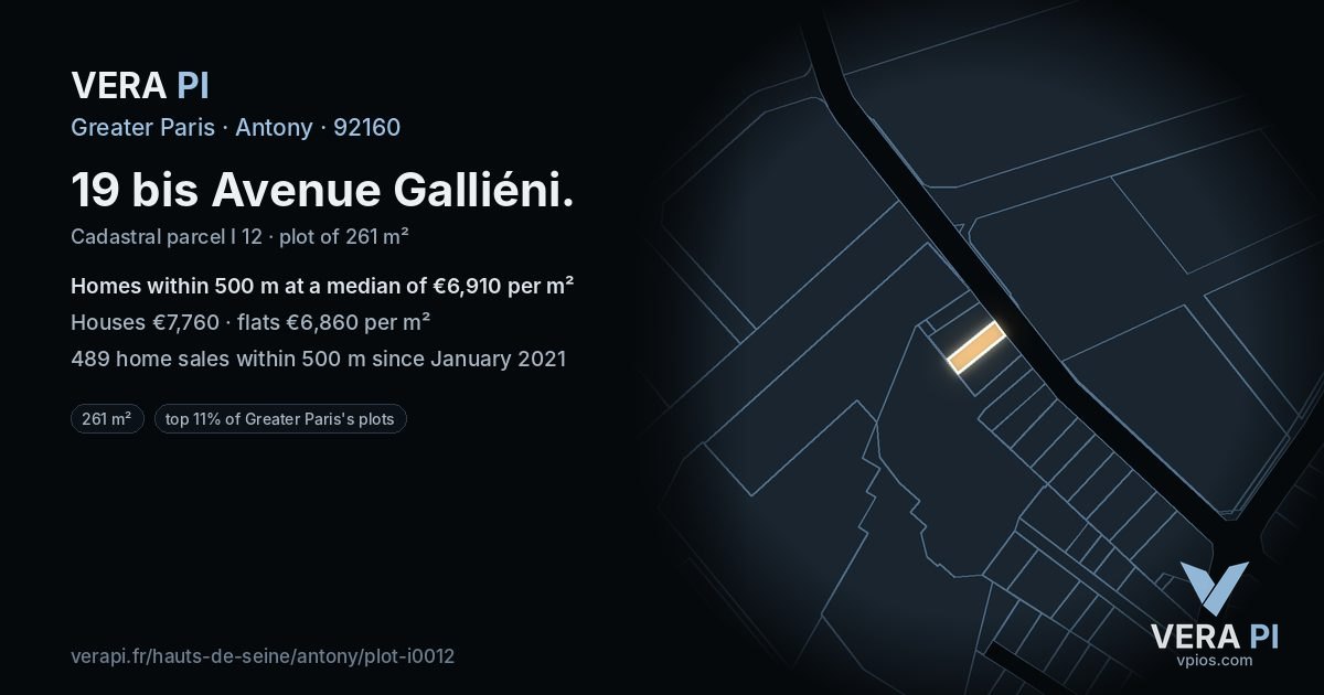 19 bis Avenue Galliéni, Antony at night – the plot lit, the parcels around coloured by the prices near them