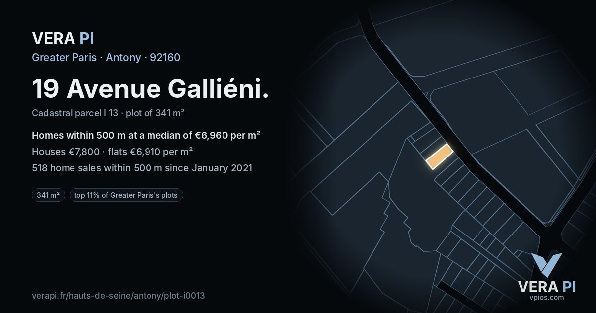 19 Avenue Galliéni, Antony at night – the plot lit, the parcels around coloured by the prices near them