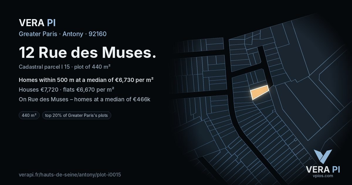 12 Rue des Muses, Antony at night – the plot lit, the parcels around coloured by the prices near them