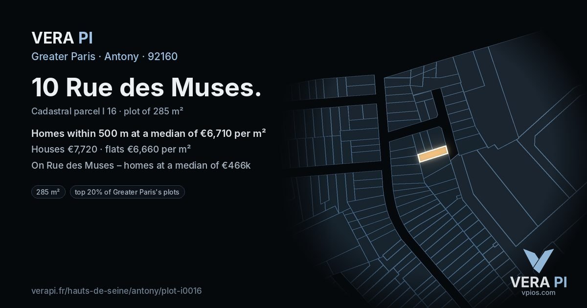 10 Rue des Muses, Antony at night – the plot lit, the parcels around coloured by the prices near them