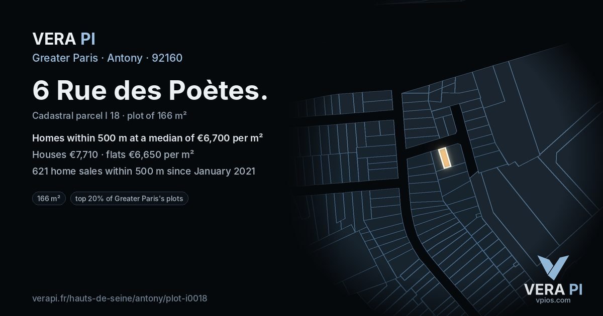 6 Rue des Poètes, Antony at night – the plot lit, the parcels around coloured by the prices near them