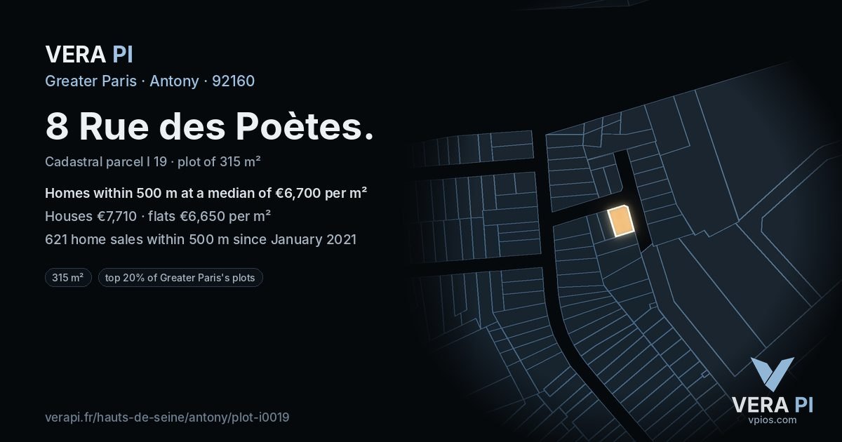 8 Rue des Poètes, Antony at night – the plot lit, the parcels around coloured by the prices near them
