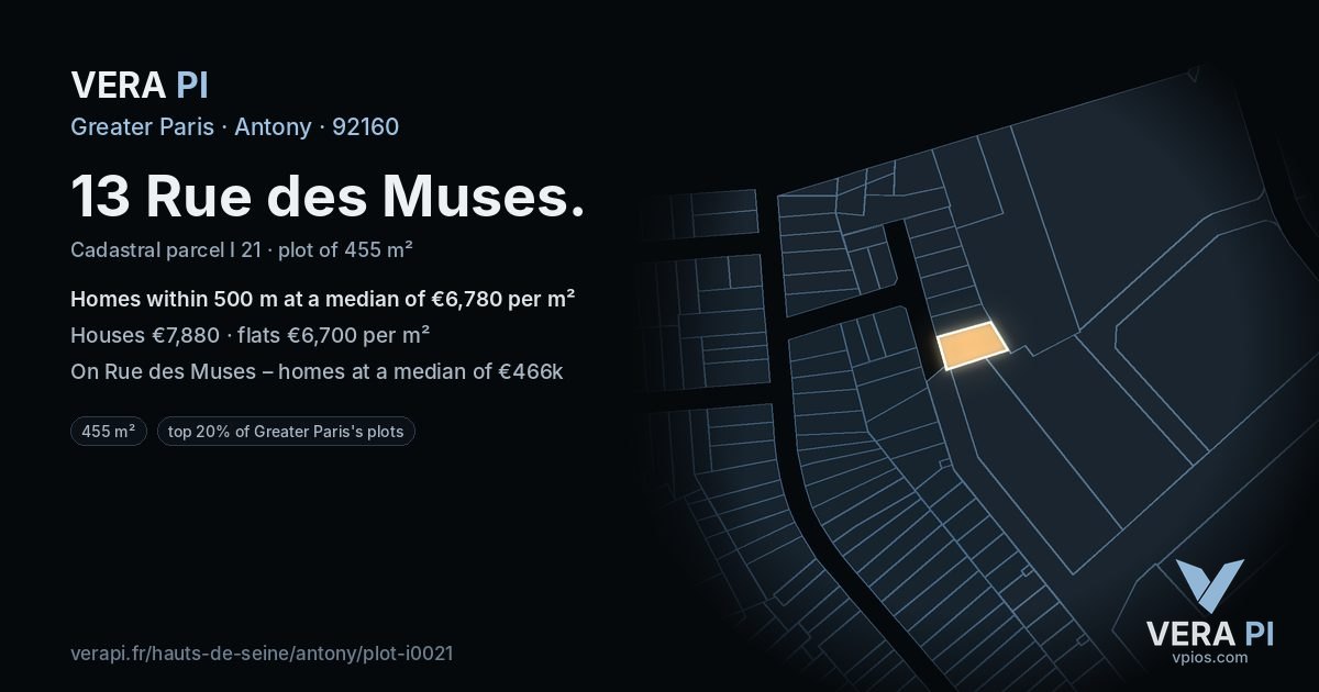 13 Rue des Muses, Antony at night – the plot lit, the parcels around coloured by the prices near them