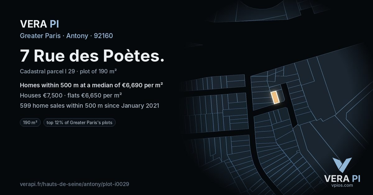 7 Rue des Poètes, Antony at night – the plot lit, the parcels around coloured by the prices near them