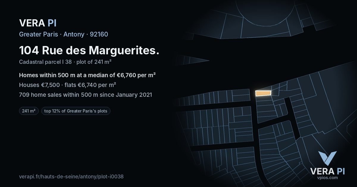 104 Rue des Marguerites, Antony at night – the plot lit, the parcels around coloured by the prices near them