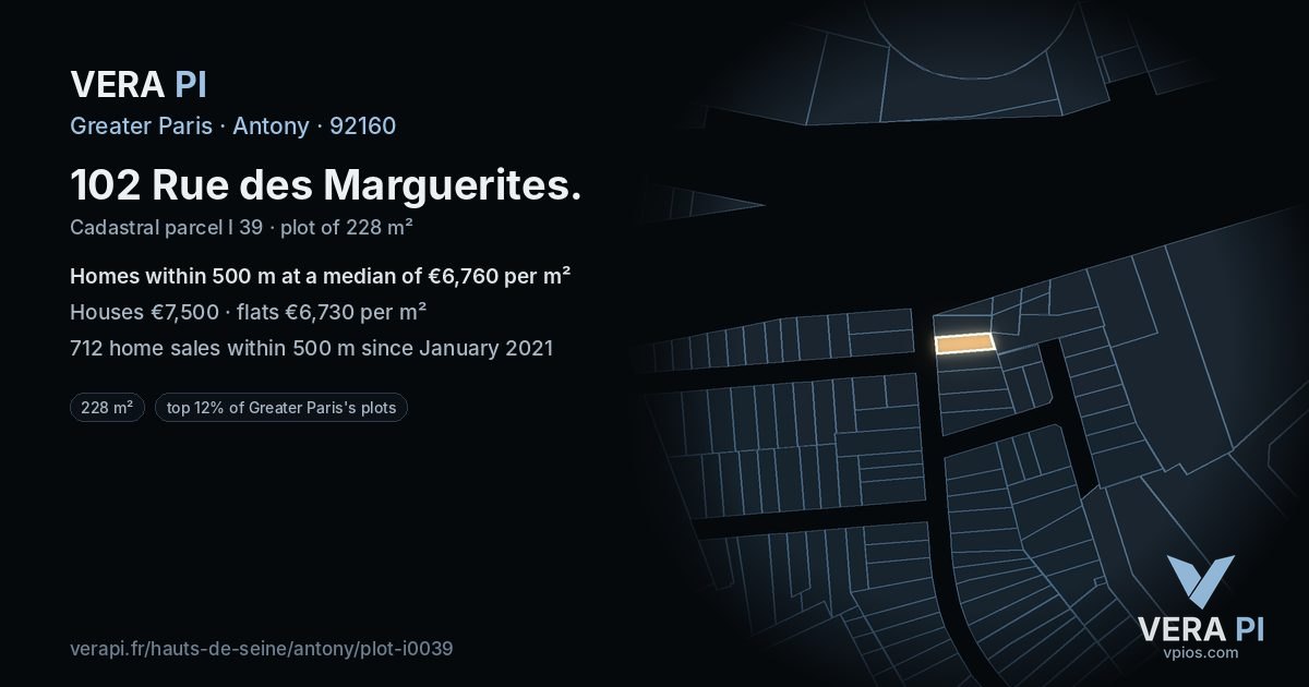 102 Rue des Marguerites, Antony at night – the plot lit, the parcels around coloured by the prices near them