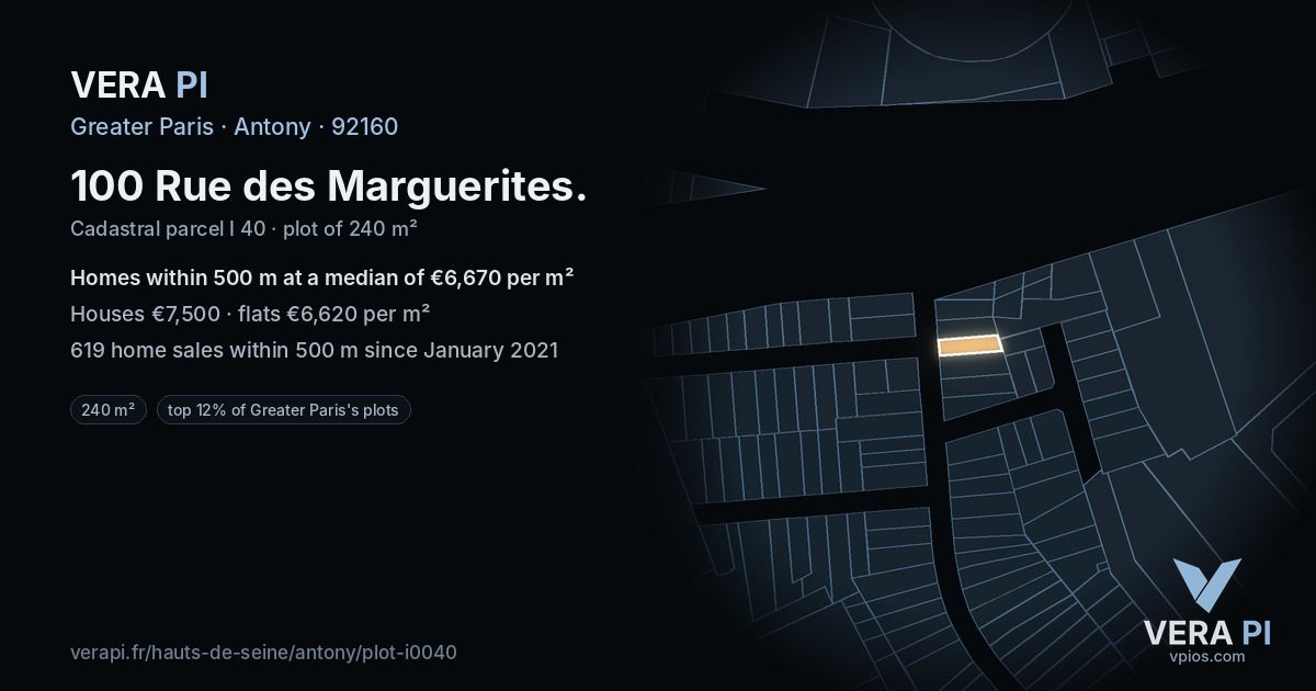 100 Rue des Marguerites, Antony at night – the plot lit, the parcels around coloured by the prices near them