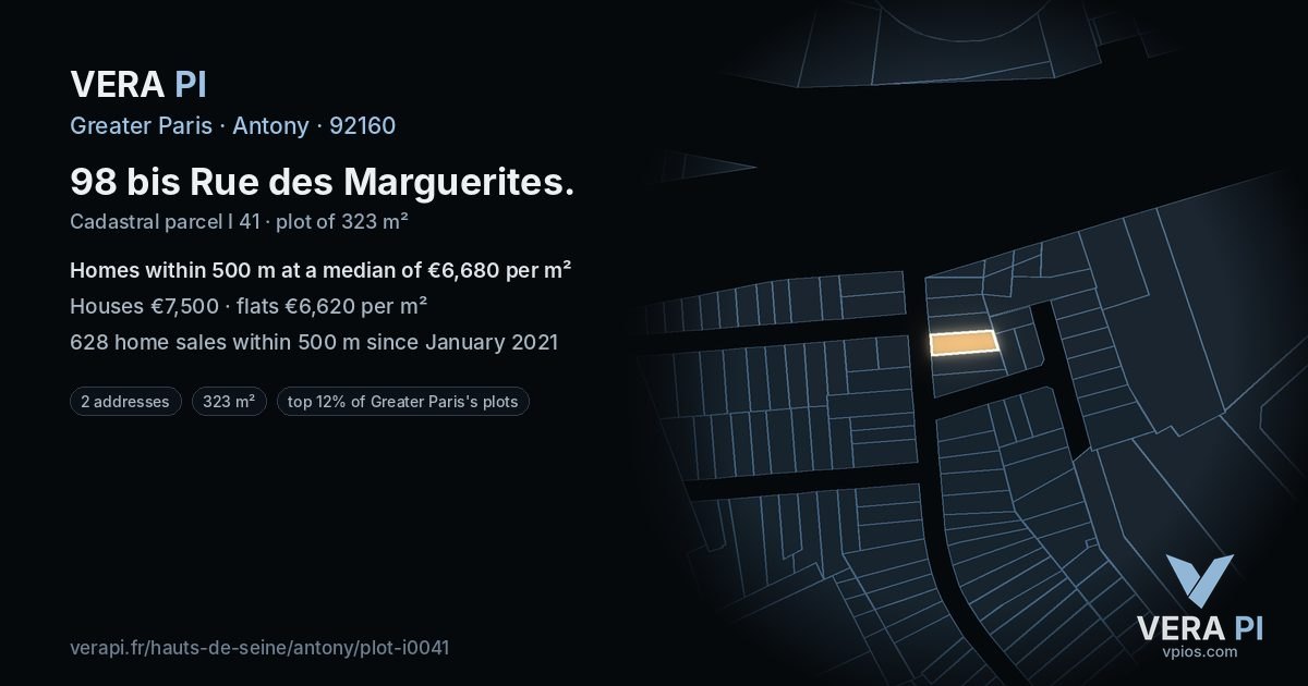98 bis Rue des Marguerites, Antony at night – the plot lit, the parcels around coloured by the prices near them