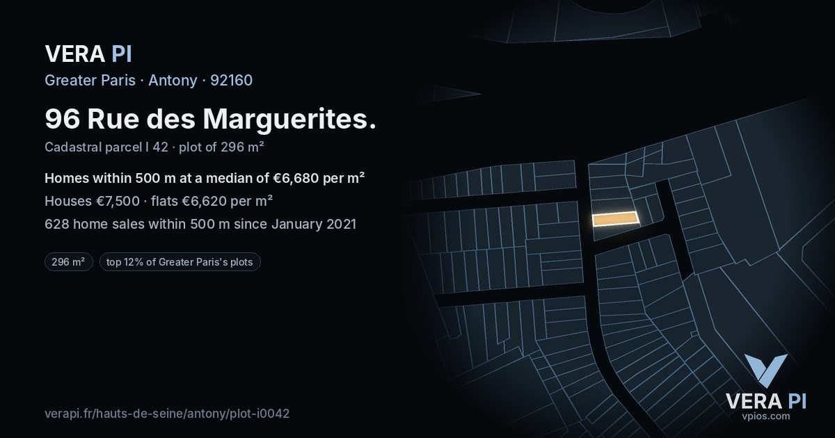 96 Rue des Marguerites, Antony at night – the plot lit, the parcels around coloured by the prices near them