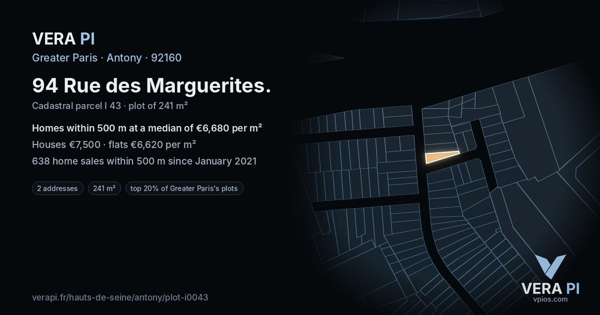 94 Rue des Marguerites, Antony at night – the plot lit, the parcels around coloured by the prices near them