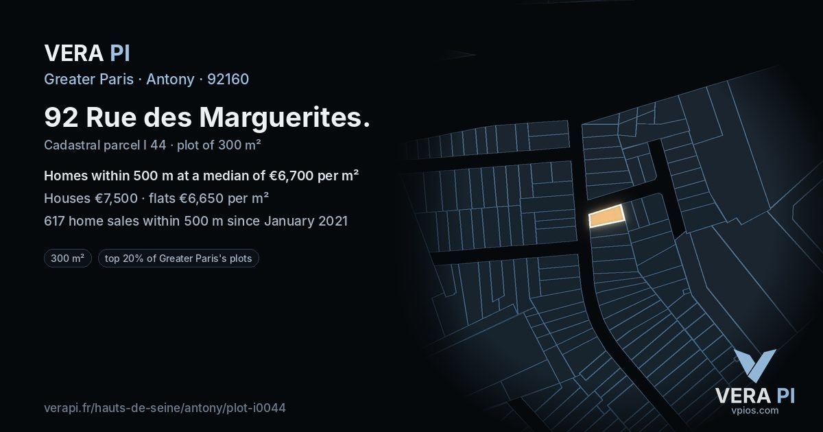 92 Rue des Marguerites, Antony at night – the plot lit, the parcels around coloured by the prices near them