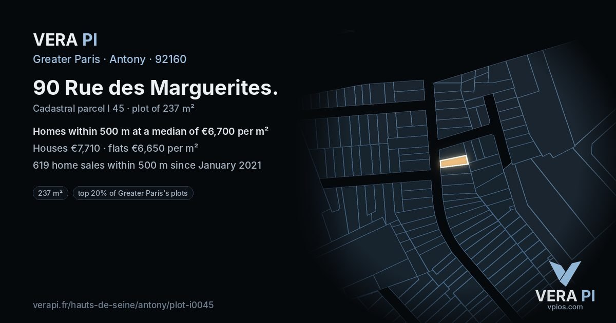 90 Rue des Marguerites, Antony at night – the plot lit, the parcels around coloured by the prices near them