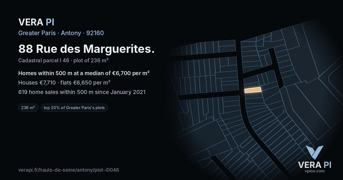 88 Rue des Marguerites, Antony at night – the plot lit, the parcels around coloured by the prices near them