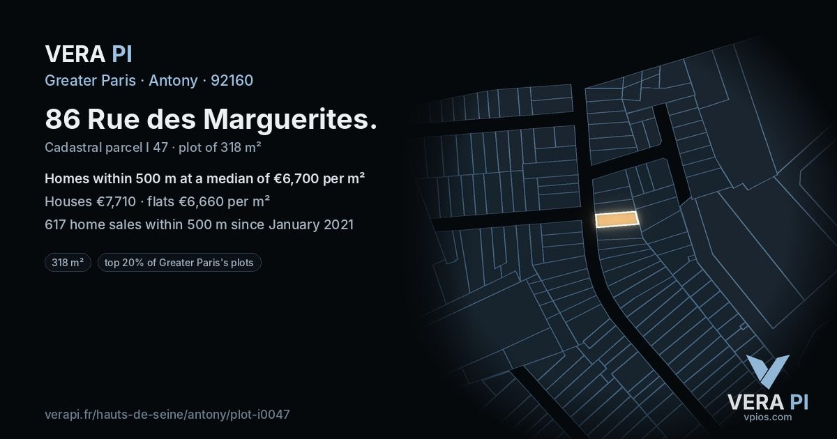 86 Rue des Marguerites, Antony at night – the plot lit, the parcels around coloured by the prices near them