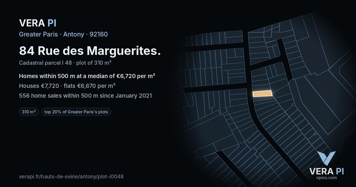 84 Rue des Marguerites, Antony at night – the plot lit, the parcels around coloured by the prices near them
