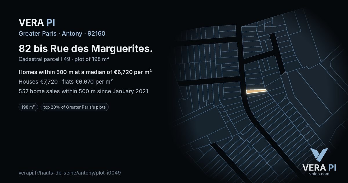 82 bis Rue des Marguerites, Antony at night – the plot lit, the parcels around coloured by the prices near them