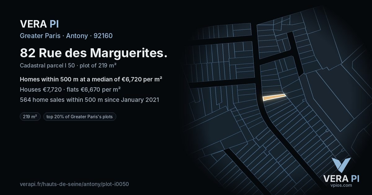 82 Rue des Marguerites, Antony at night – the plot lit, the parcels around coloured by the prices near them