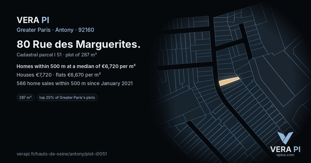 80 Rue des Marguerites, Antony at night – the plot lit, the parcels around coloured by the prices near them
