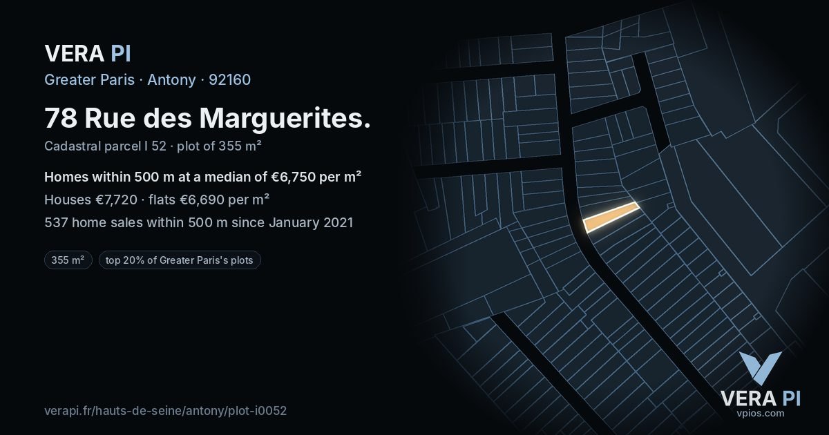 78 Rue des Marguerites, Antony at night – the plot lit, the parcels around coloured by the prices near them