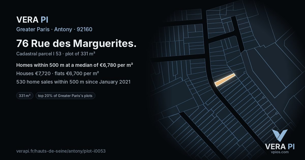 76 Rue des Marguerites, Antony at night – the plot lit, the parcels around coloured by the prices near them