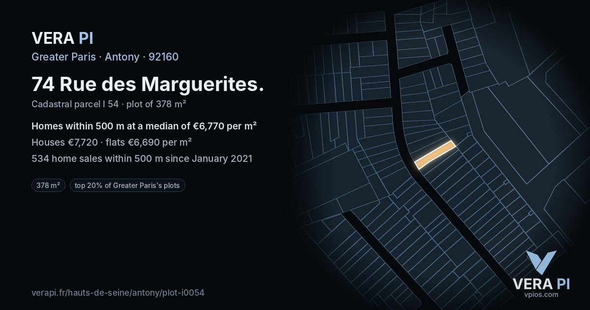 74 Rue des Marguerites, Antony at night – the plot lit, the parcels around coloured by the prices near them