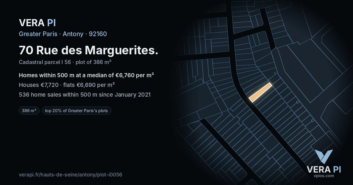 70 Rue des Marguerites, Antony at night – the plot lit, the parcels around coloured by the prices near them