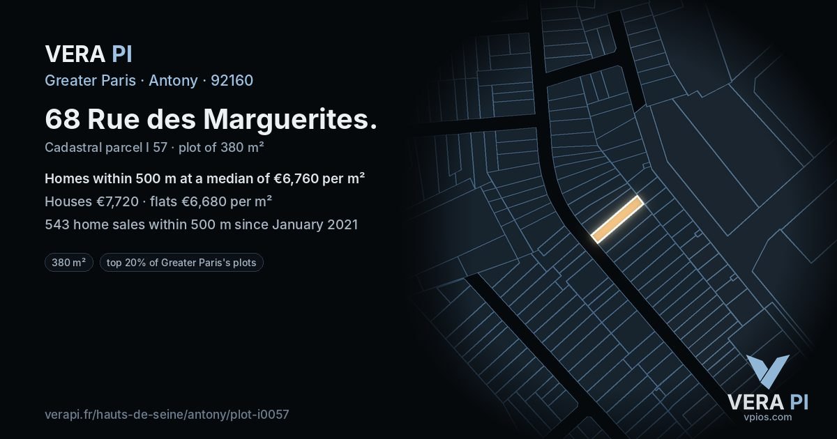 68 Rue des Marguerites, Antony at night – the plot lit, the parcels around coloured by the prices near them