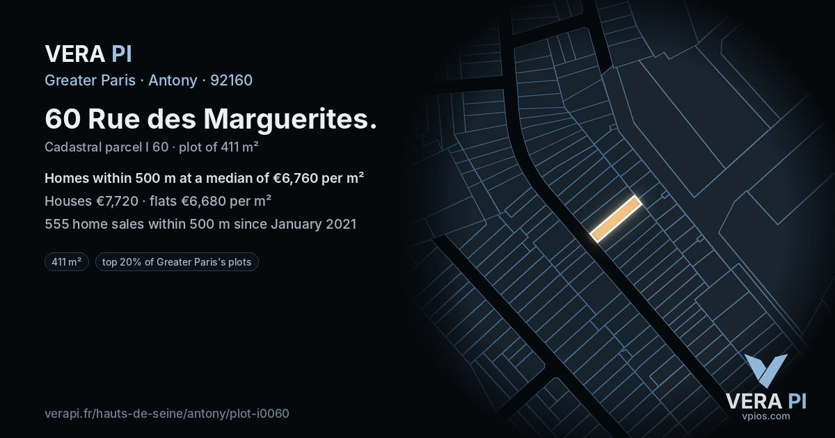 60 Rue des Marguerites, Antony at night – the plot lit, the parcels around coloured by the prices near them