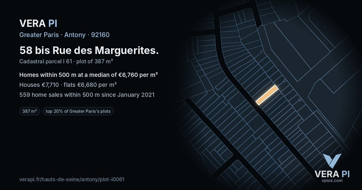 58 bis Rue des Marguerites, Antony at night – the plot lit, the parcels around coloured by the prices near them