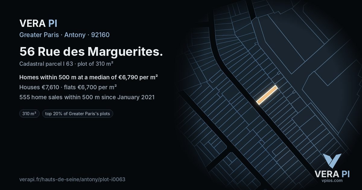56 Rue des Marguerites, Antony at night – the plot lit, the parcels around coloured by the prices near them