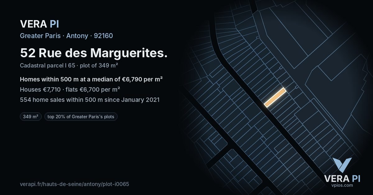 52 Rue des Marguerites, Antony at night – the plot lit, the parcels around coloured by the prices near them