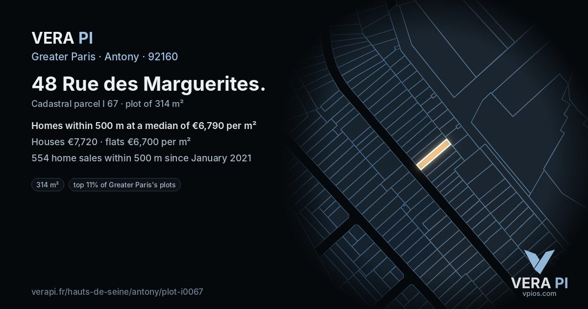 48 Rue des Marguerites, Antony at night – the plot lit, the parcels around coloured by the prices near them