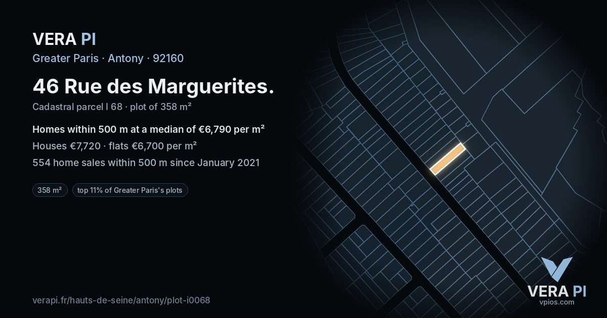 46 Rue des Marguerites, Antony at night – the plot lit, the parcels around coloured by the prices near them