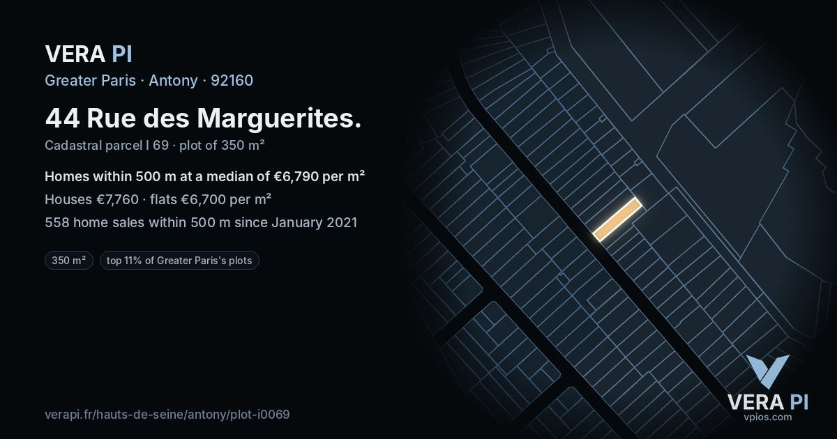 44 Rue des Marguerites, Antony at night – the plot lit, the parcels around coloured by the prices near them