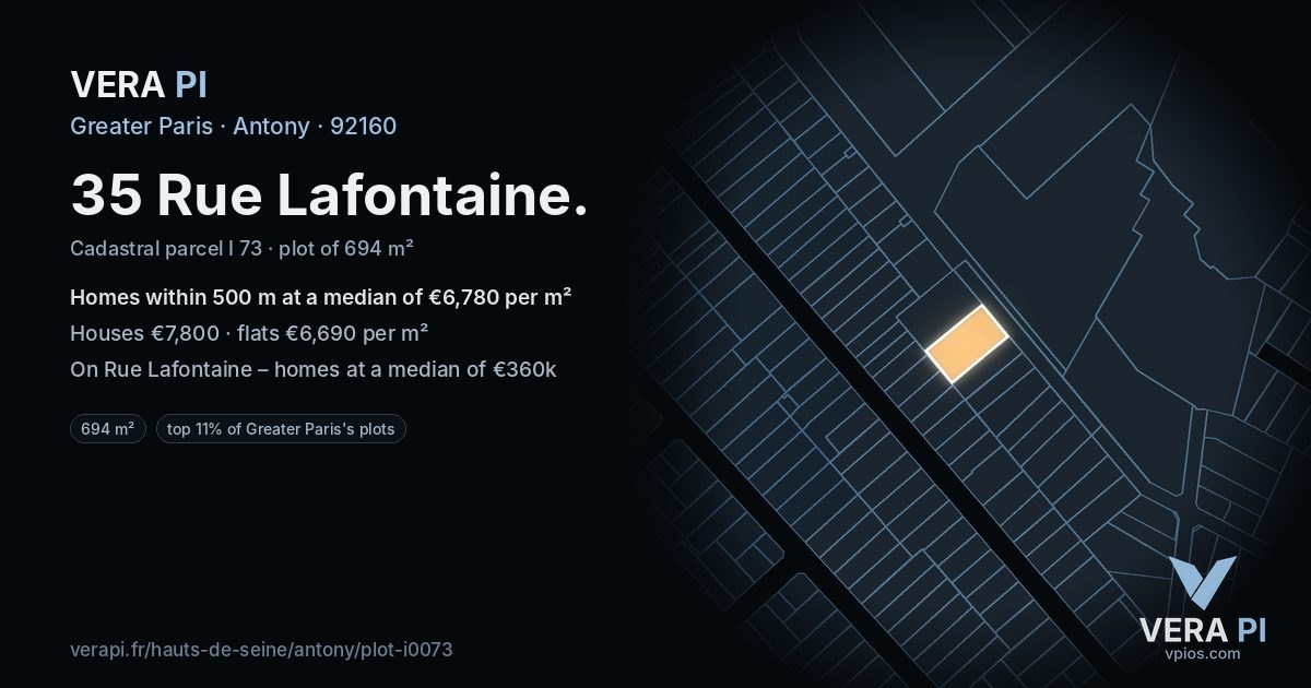 35 Rue Lafontaine, Antony at night – the plot lit, the parcels around coloured by the prices near them