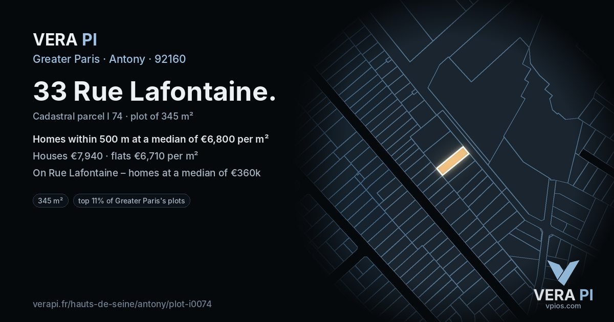 33 Rue Lafontaine, Antony at night – the plot lit, the parcels around coloured by the prices near them