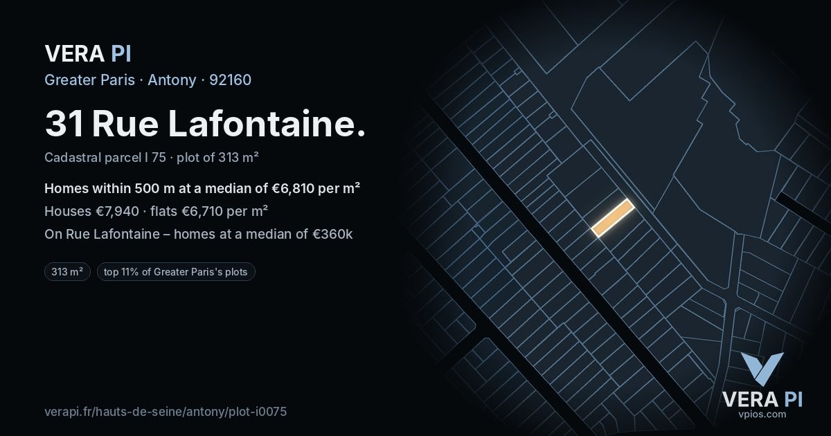 31 Rue Lafontaine, Antony at night – the plot lit, the parcels around coloured by the prices near them