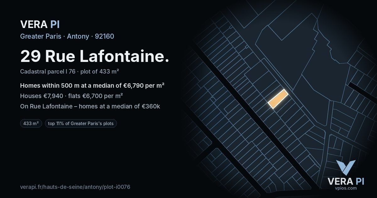 29 Rue Lafontaine, Antony at night – the plot lit, the parcels around coloured by the prices near them