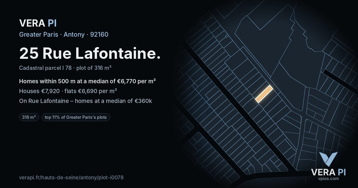 25 Rue Lafontaine, Antony at night – the plot lit, the parcels around coloured by the prices near them