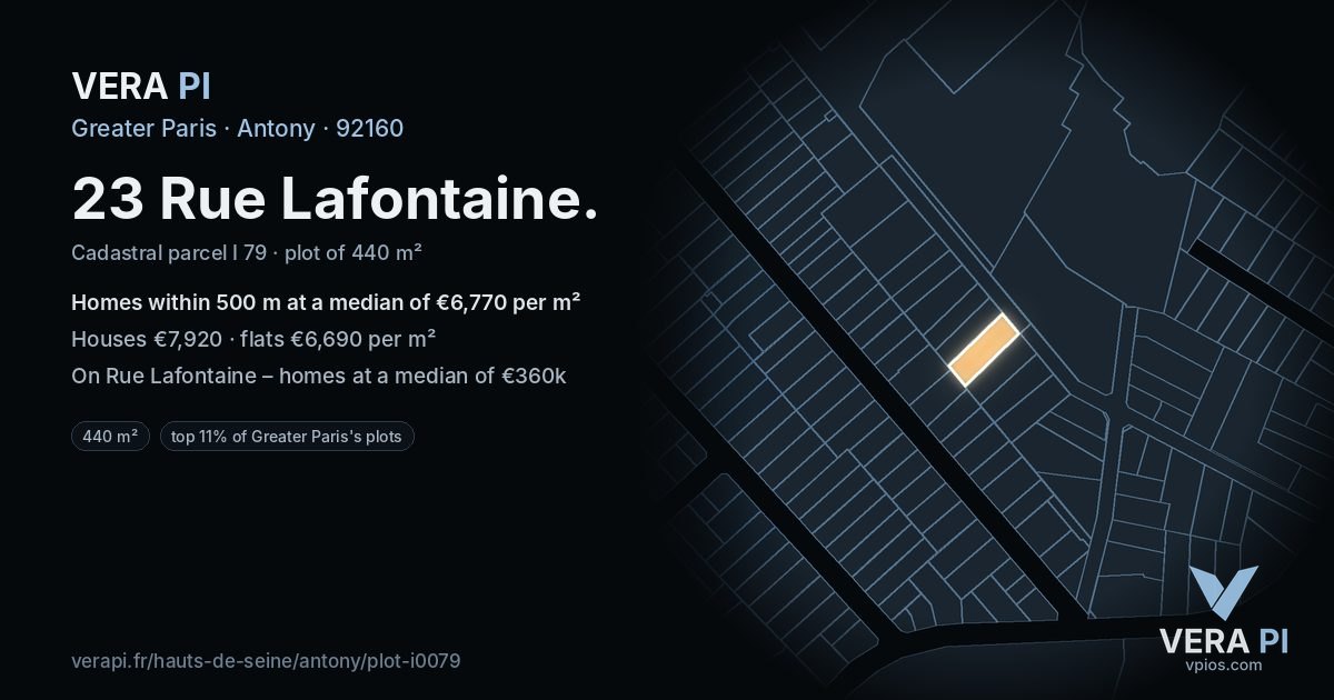 23 Rue Lafontaine, Antony at night – the plot lit, the parcels around coloured by the prices near them