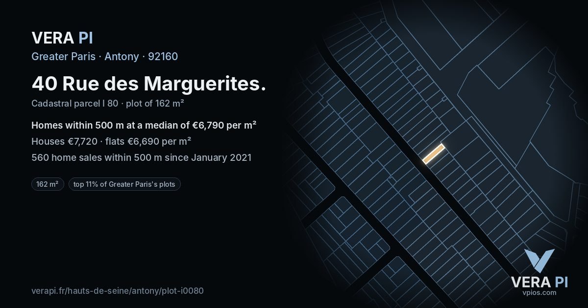 40 Rue des Marguerites, Antony at night – the plot lit, the parcels around coloured by the prices near them
