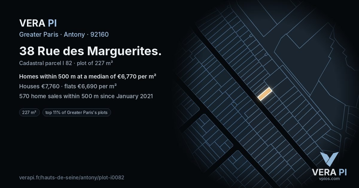 38 Rue des Marguerites, Antony at night – the plot lit, the parcels around coloured by the prices near them