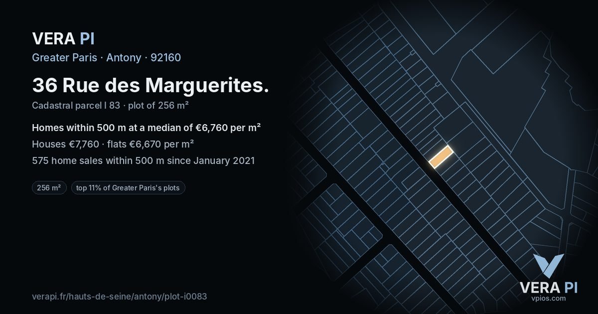 36 Rue des Marguerites, Antony at night – the plot lit, the parcels around coloured by the prices near them